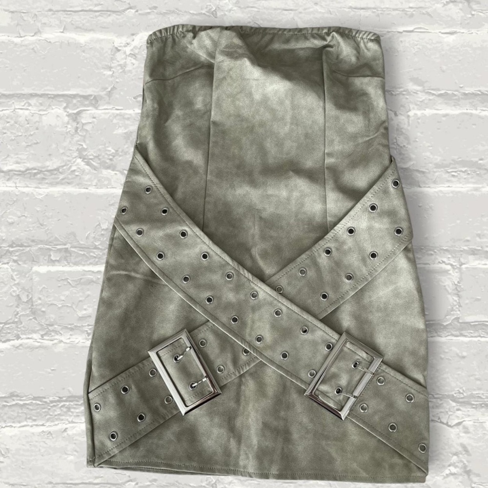 PLT Grey Distressed PU Belt Detail Bodycon Dress - Picture 3 of 5